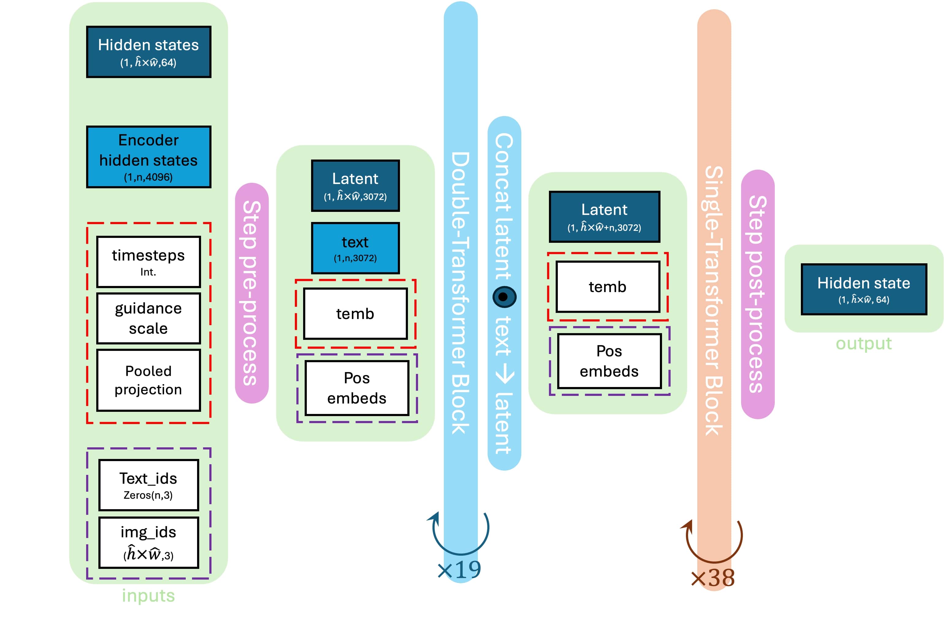 FLUX projects packed image latents and text embeddings, applies 19 double-stream blocks followed by 38 single-stream blocks, and projects image tokens into a velocity prediction.