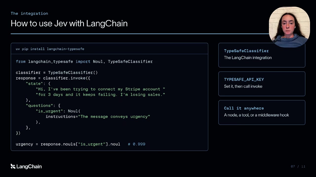 Python integration slide showing TypeSafeClassifier invocation with state and a Noul question, then reading response.nouls.